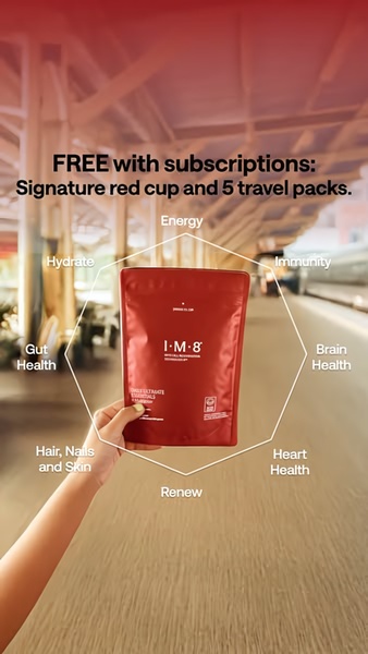 This 9:16 vertical creative features a hand holding a supplement pouch, centered within a geometric overlay that maps out core health benefits.